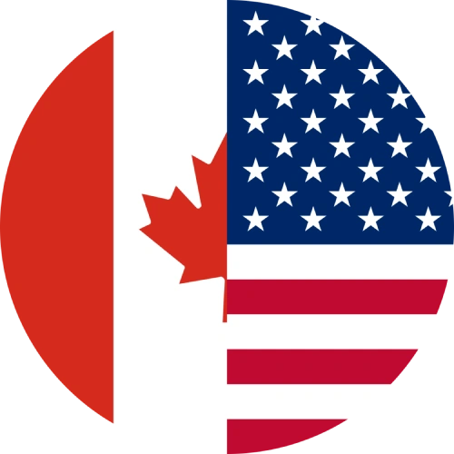 Circle split vertically with half Canada flag and half USA flag
